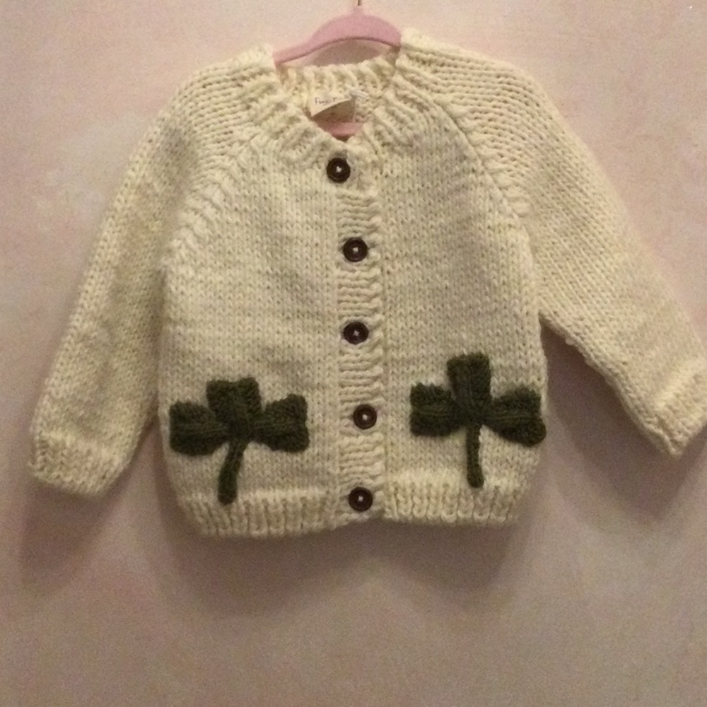Kids Cream Knit Cardigan with Green Clover Appliqué